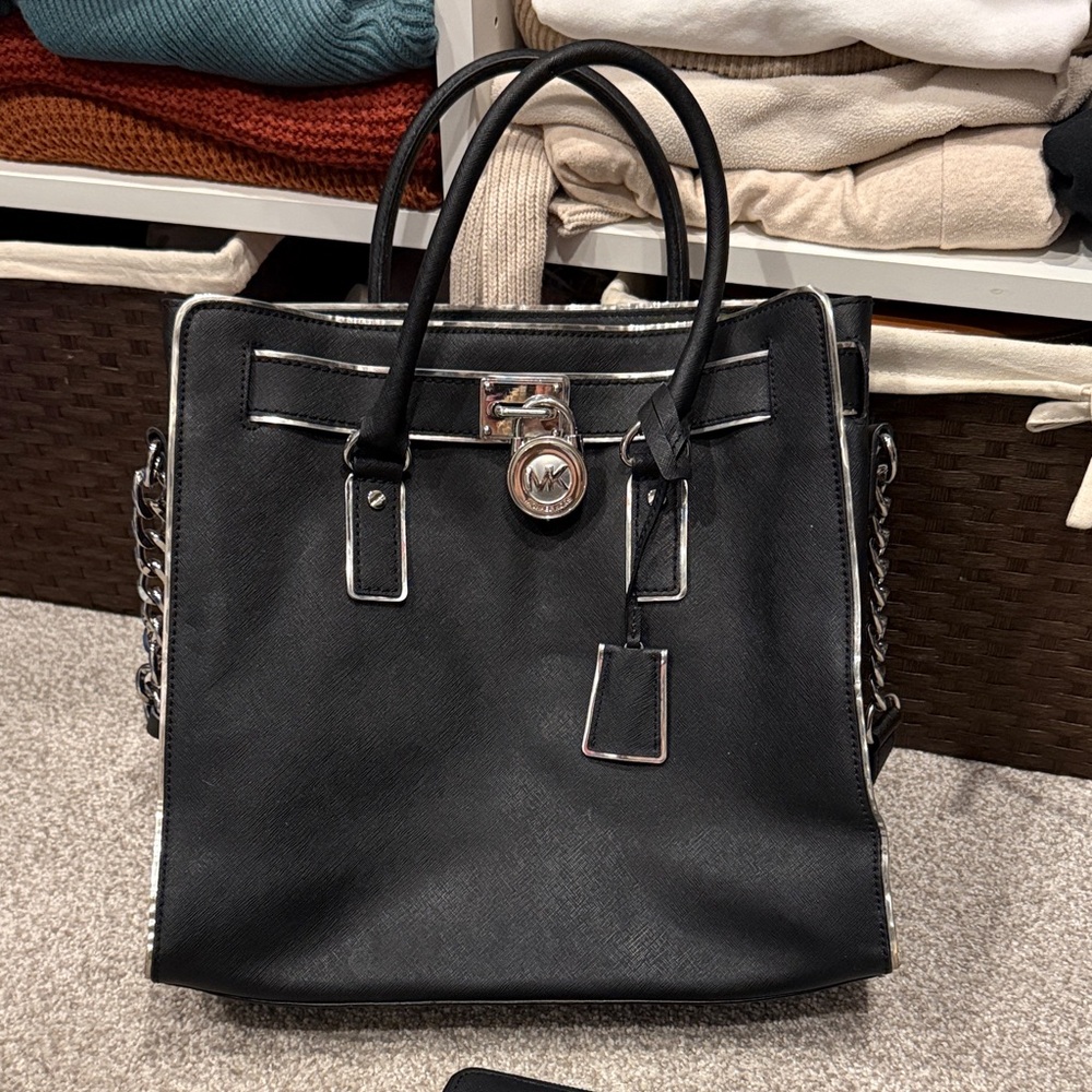 Michael Kors Hamilton Black Tote Bag with Silver Accents